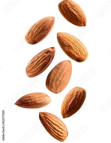 Shelled almonds falling freely vertically on white background