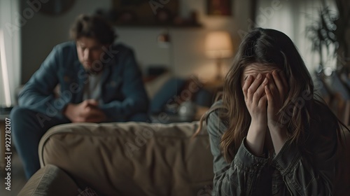 Emotional Couple in Tense Moment, Woman Crying with Hands on Face and Man Sitting in Background