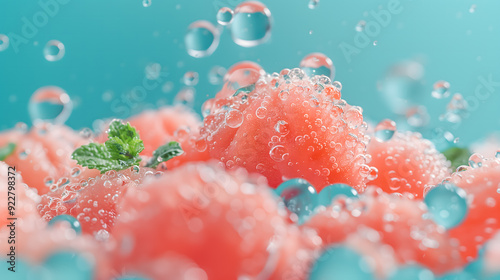 Close up photo of fresh and bright watermelon floating in water with air bubbles