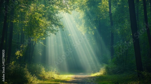 A path through a forest with sunlight shining down on it, AI