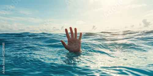 Person drowning in ocean raising hand for help