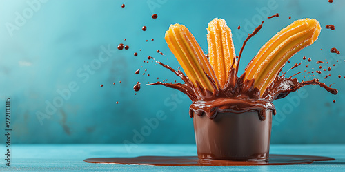 Churros falling into chocolate sauce creating splash on blue background