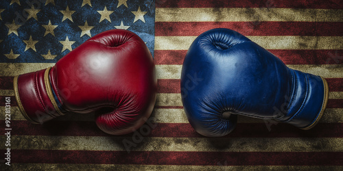 Red and blue boxing gloves facing each other on american flag representing political fight