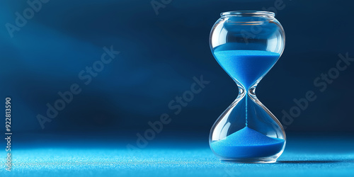 Hourglass measuring passing time on blue background