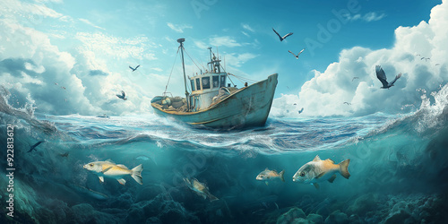 Old fishing boat sailing over shoal of fish in blue ocean