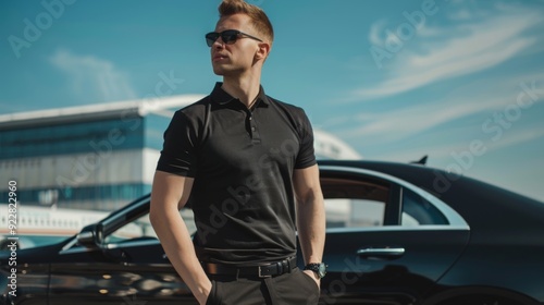 A confident man in a black polo shirt and sunglasses stands next to a luxurious car, reflecting modern sophistication and success in a sleek, urban setting.