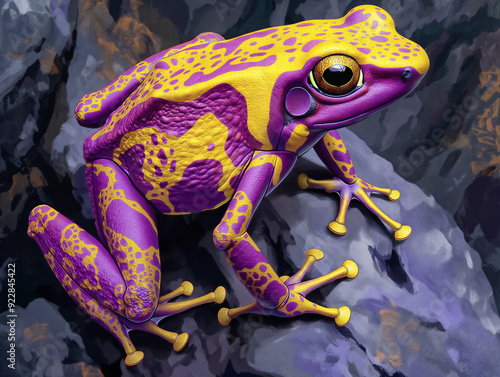 A frog with yellow and purple spots is sitting on a rock. The frog is small and has a bright color