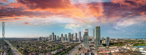 Aerial panoramic view of Chicago skyline from Millennium Park on a sunny summer day