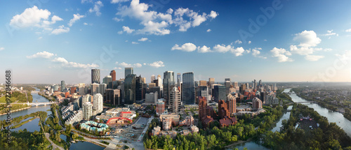 Panoramic aerial view of Calgary at sunset, Alberta - Canada