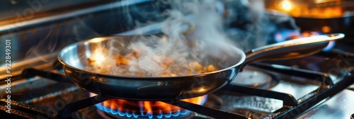 Cooking with a stainless steel pan on a gas stove amidst fluctuating gas prices.