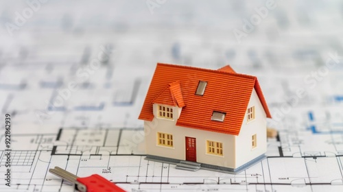 Close up view of a small scale architectural model of a residential home or house with building permit documents and construction blueprints in the background