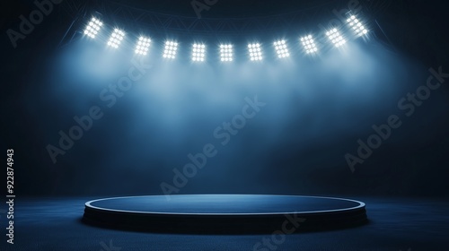 A photo of an empty 3D podium in the center of a stadium, illuminated by bright floodlights, isolated on a dark blue background