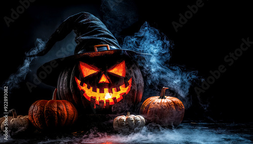 Halloween jack-o-lantern wearing a witch's hat smoke in the background, glowing candle inside of a carved pumpkin, October celebration