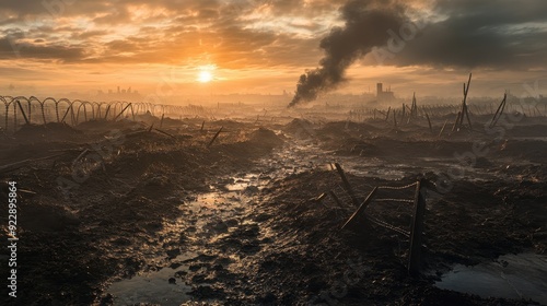 World War I Battlefield at Sunrise - Aftermath of War, Battlefields, Barbed Wire, Destruction, Historic Landscape, No Mans Land, Trenches, War, World War One, WWI