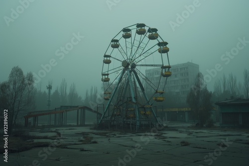 Abandoned Ferris Wheel in Foggy Atmosphere