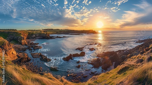 Panoramic sunset view at Philip Island, Victoria, Australia. Copy space