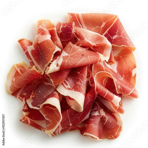 Loose slices of prosciutto cotto on a white background.