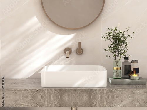 White ceramic rectangle washbasin on marble stone vanity bathroom counter in sunlight for luxury beauty, cosmetic, skincare, toiletries product background 3D