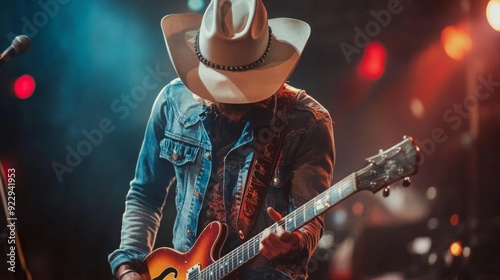 A country artist passionately plays guitar under colorful stage lights, wearing a cowboy hat and denim jacket, engaging with the audience during a live performance.