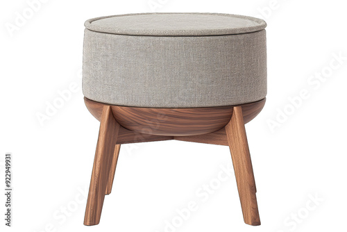 Modern round ottoman with fabric top and wooden legs, perfect for home decor and versatile seating solutions.