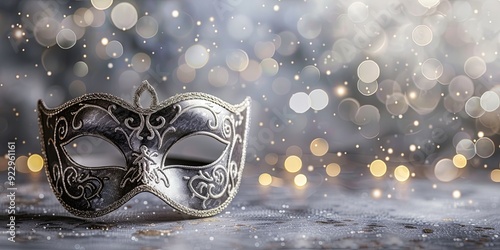 Elegant black and silver masquerade mask with bokeh background.