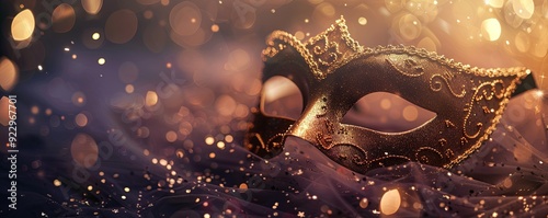 A golden masquerade mask rests on a black tulle fabric with a bokeh background of glowing lights.