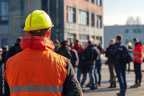 A group of people practicing evacuation procedures during a building fire drill, Generative AI