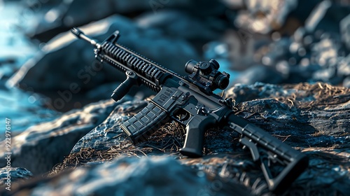 AR 15 assault rifle on rock