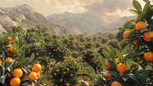 A lush orange orchard with ripe fruits, nestled in a valley surrounded by rugged mountains, bathed in the warm glow of the sun.