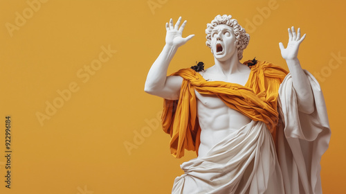 Greek statue of a man with a surprised expression, showcasing detailed, realistic features. The banner highlights the dramatic emotion and intricate craftsmanship,/banner/design/web