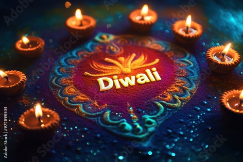 Colorful Diwali rangoli with oil lamps and text