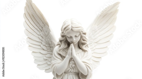 A graceful guardian angel with magnificent wings is depicted in a calm, prayerful pose, set against a pure white background