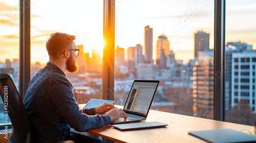 A man sits at a desk, working on his laptop, while the sun sets over the city skyline through a large window.