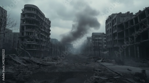 Image of a war-torn city with crumbling buildings and deserted streets, shrouded in smoke and dust.