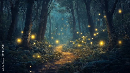 Darkened forest with fireflies their ethereal glow.