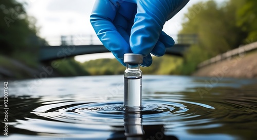 An environmental engineer in protective gear meticulously collects a water sample from a sewage treatment plant for quality testing and analysis 