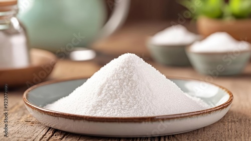 White powdered sweetener cascading onto a pile on a plate, Artificial sweeteners, Depicting stevia or aspartame in a refined and pure form