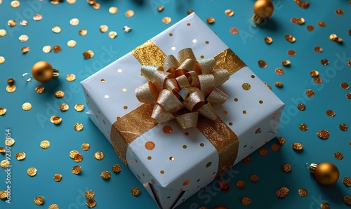 white gift box with golden ribbon bow on blue background with confetti christmas present valentine day surprise birthday concept flat lay top view.