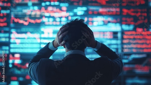 Stressed businessman watching stock market crash and business fall because of the economic crisis, Panic on Finance, 3d render