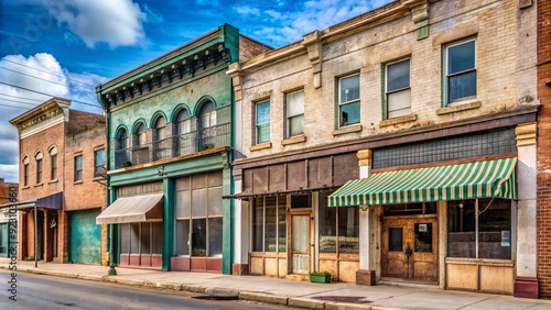 Abandoned storefronts with weathered signs and faded awnings line a deserted main street, a testament to the decline of a once-thriving commercial district.