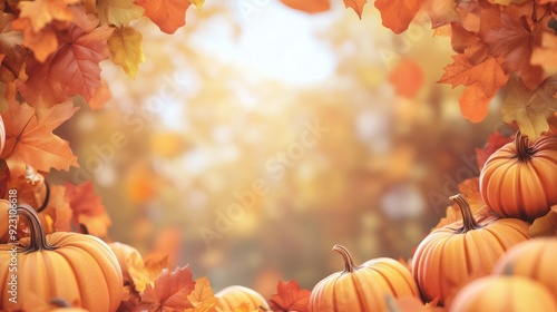 Pumpkins and autumn leaves picture border frame element with blank copy space for halloween or thanksgiving promotion, advertising or social media posts . Generative AI.