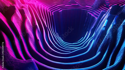 Abstract sinkhole design with vibrant neon stripes and techno theme. Ideal for creating modern art backgrounds, advertisements, website banners, and product packaging. -