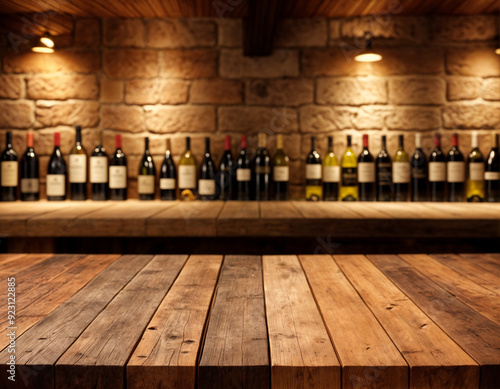 wooden table top with super blur background of wine cellar. Exuberant image