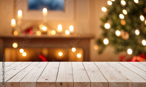 white The empty wooden table top with blur background of Christmas