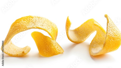 A few twisted orange peels are isolated against a white background, symbolizing freshness, fragrance, or the byproduct of peeling fruit for consumption.