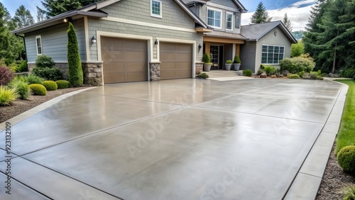 Freshly applied concrete sealer glistens on a newly poured driveway, protecting the surface from stains and wear while enhancing its natural gray tone and texture.