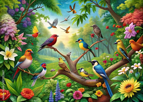 Vibrant forest scene with lush green foliage, colorful flowers, and diverse species of birds perched on branches, singing and chirping in harmony.