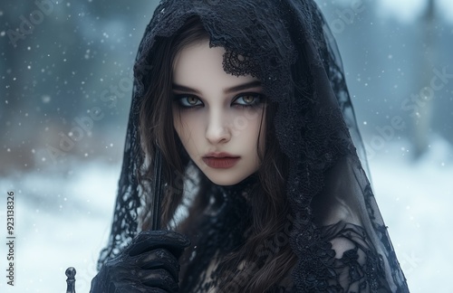 A female vampire with pale skin, long brown hair, wearing a black veil and gloves, holding a dagger