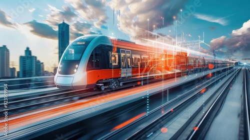 A train is speeding down the tracks with a city in the background