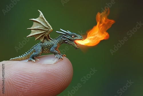 Primer plano de un diminuto dragón escupiendo fuego sobre la punta de un dedo, capturando un mundo de fantasía en miniatura con impresionantes detalles